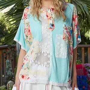 POL - Ocean Dreams Boho Patchwork Short Sleeve Top